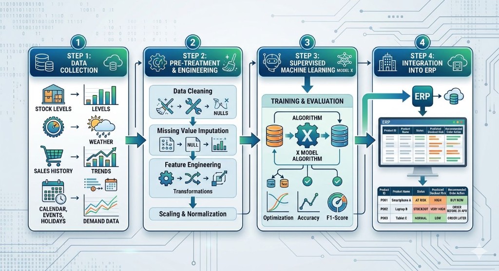 Workflow Flowly DZ — collecte, engineering, ML, ERP